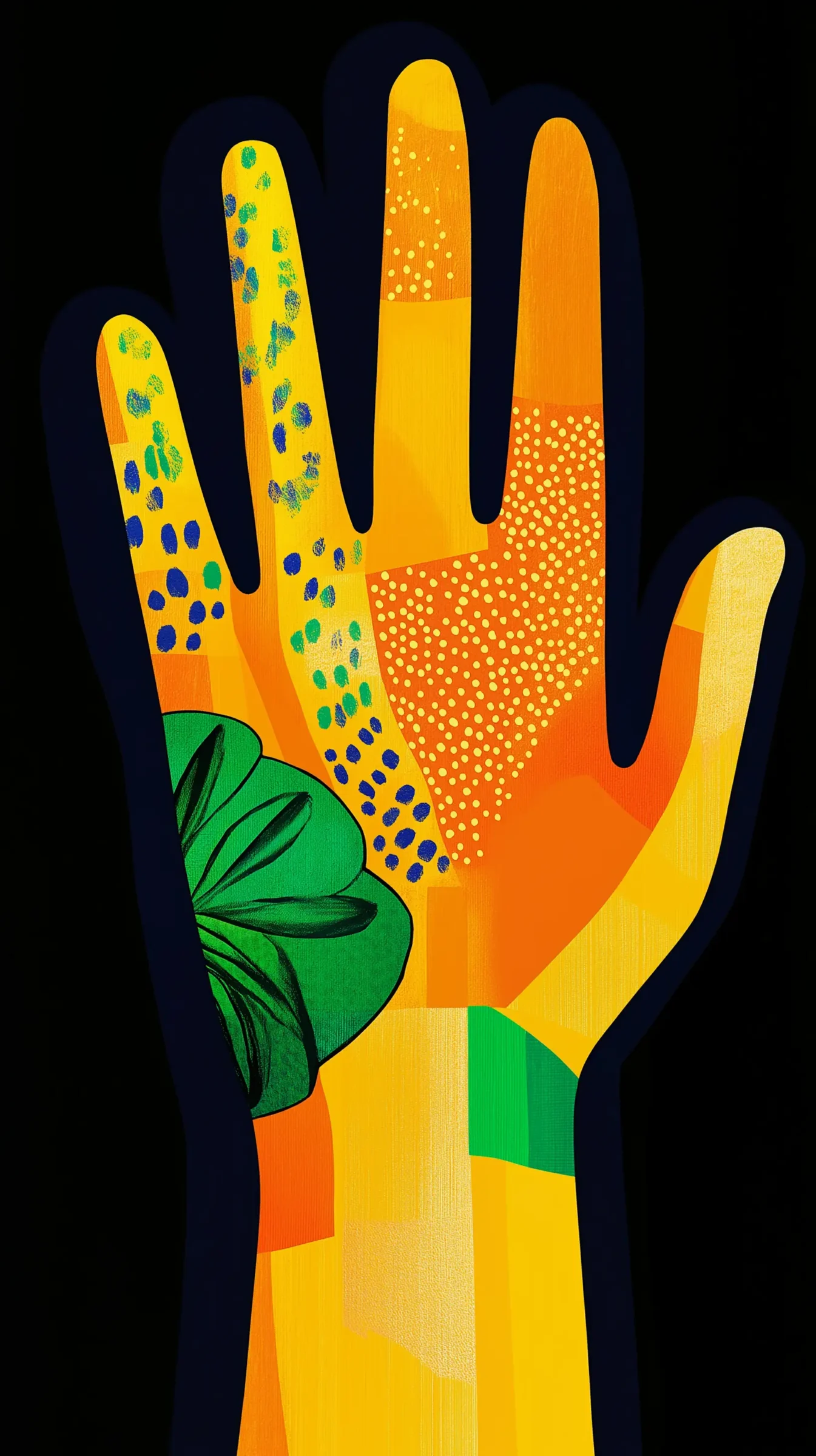 Text in Gebärdensprache übersetzen: Das Bild zeigt eine stilisierte, grafische Darstellung einer Hand in leuchtenden Farben und Mustern.