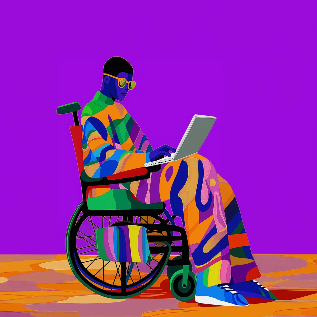Barrierefreiheitsstärkungsgesetz: Die Person in einem Rollstuhl trägt bunte, gemusterte Kleidung und Sonnenbrillen und arbeitet an einem Laptop.