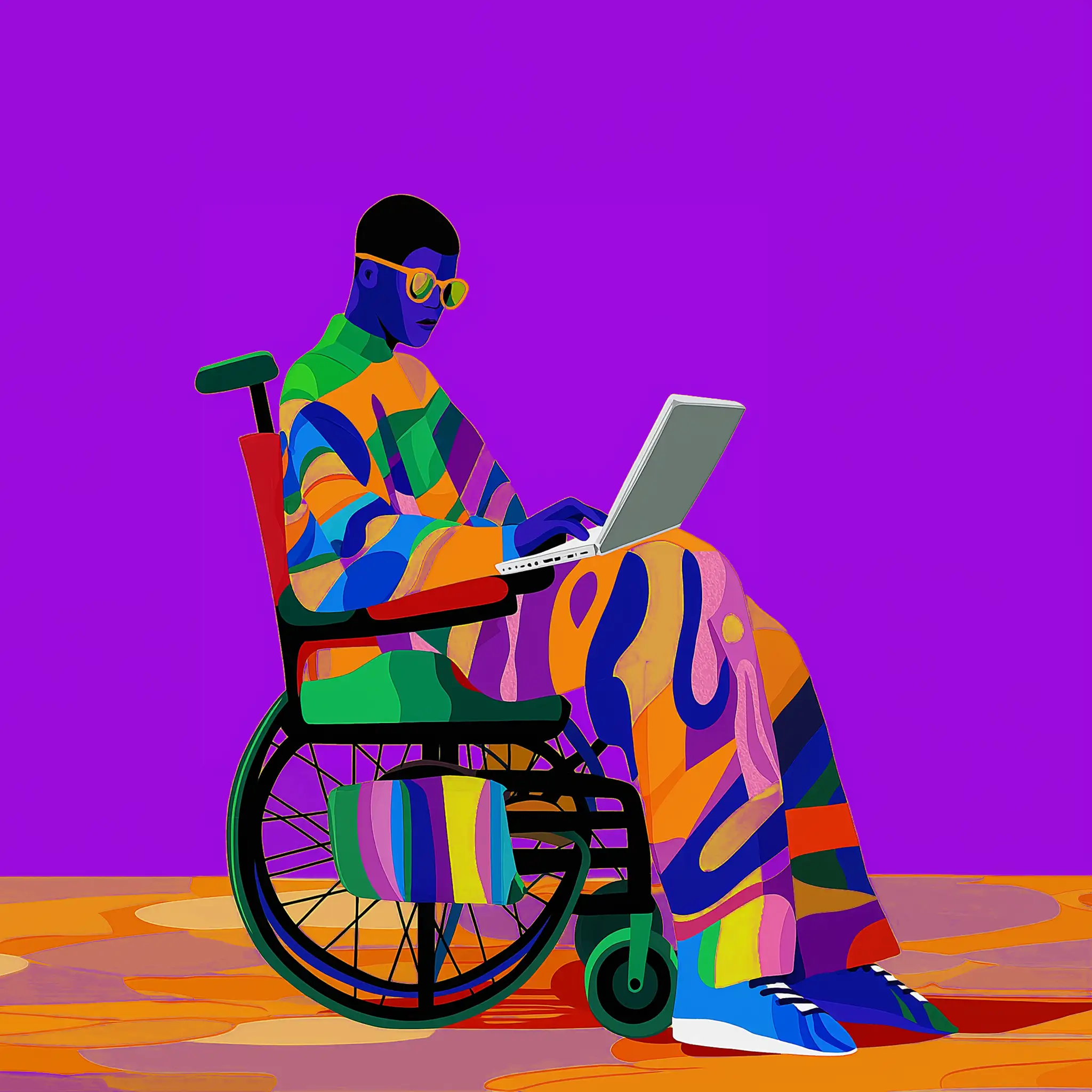 Barrierefreiheitsstärkungsgesetz: Die Person in einem Rollstuhl trägt bunte, gemusterte Kleidung und Sonnenbrillen und arbeitet an einem Laptop.