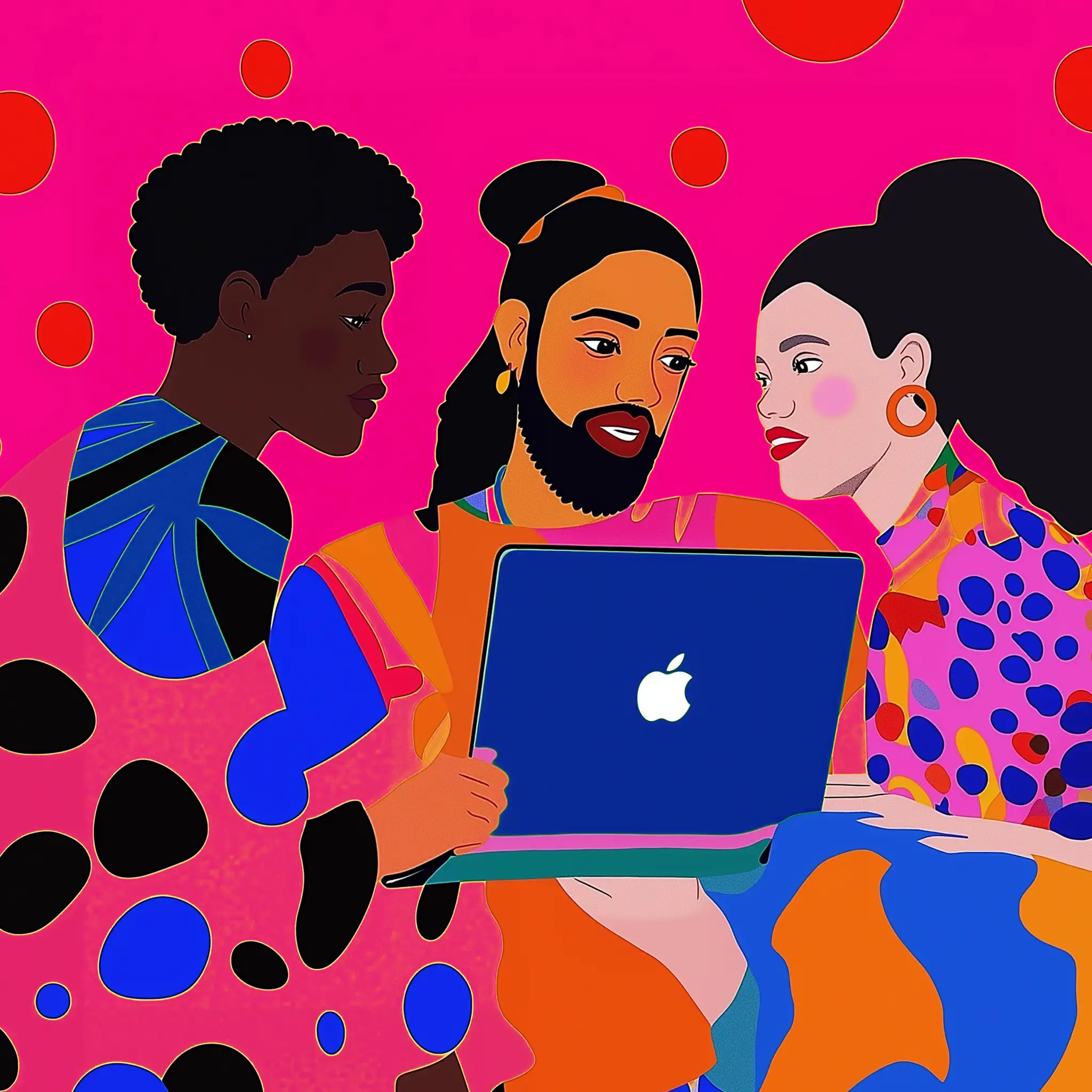 Barrierefreiheitsstärkungsgesetz: Eine farbenfrohe Illustration von drei verschiedenen Personen, die eng beieinander stehen und gemeinsam auf einen Laptop blicken.
