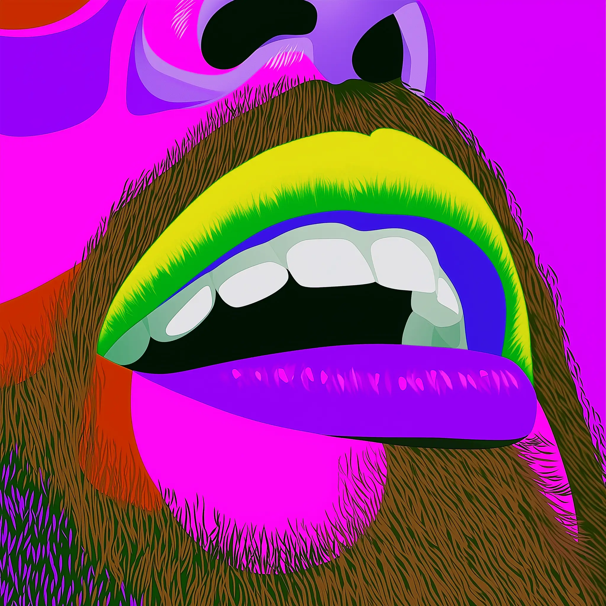 Lippenlesen: Das Bild zeigt eine farbenfrohe Nahaufnahme eines offenen Mundes mit betonten Lippen und einem Bart.