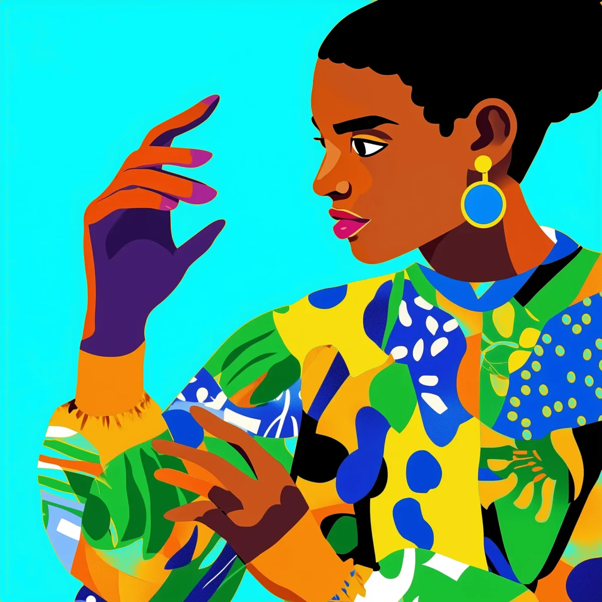 Illustration: Eine Frau in bunt gemusterter Kleidung gebärdet mit erhobenen Händen.