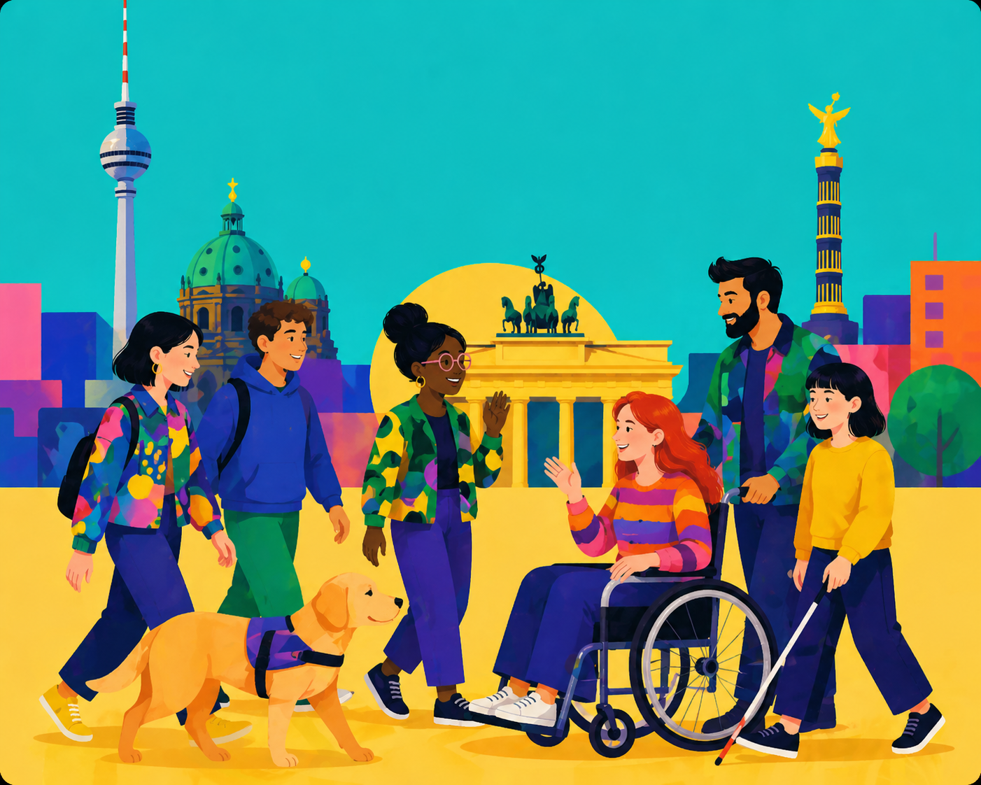 Bunte Illustration einer diversen Gruppe von Menschen, die gemeinsam durch Berlin spazieren. Zu sehen sind unter anderem eine Rollstuhlfahrerin, eine Person mit weißem Langstock und ein Blindenführhund. Im Hintergrund sind das Brandenburger Tor, der Berliner Dom, der Fernsehturm und die Siegessäule zu erkennen.