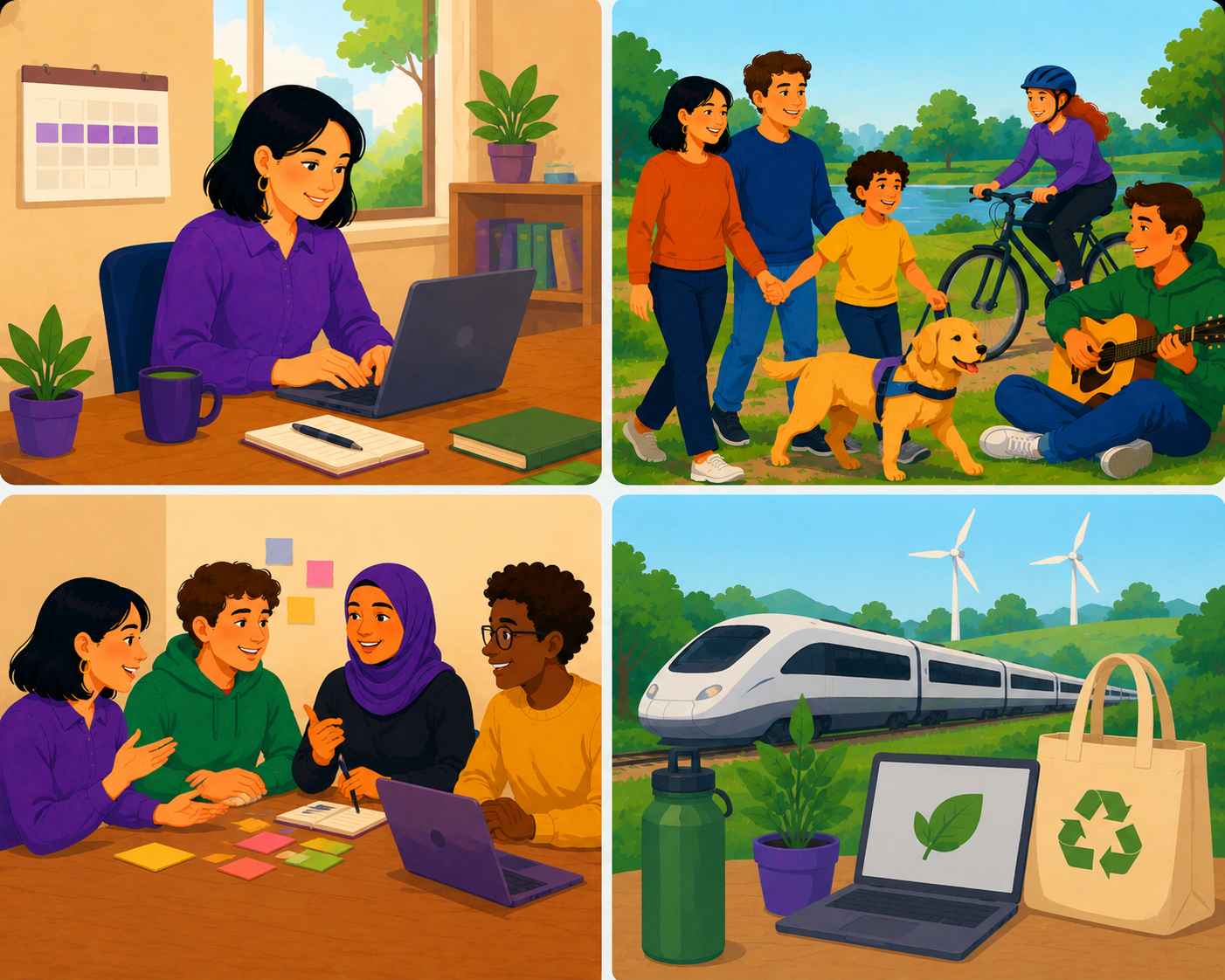 Eine Collage aus vier Illustrationen: Eine Frau arbeitet am Laptop, eine Familie ist draußen unterwegs, ein diverses Team bespricht sich gemeinsam, und Symbole für Nachhaltigkeit wie ein Zug, Windräder und ein Recycling-Beutel sind zu sehen.