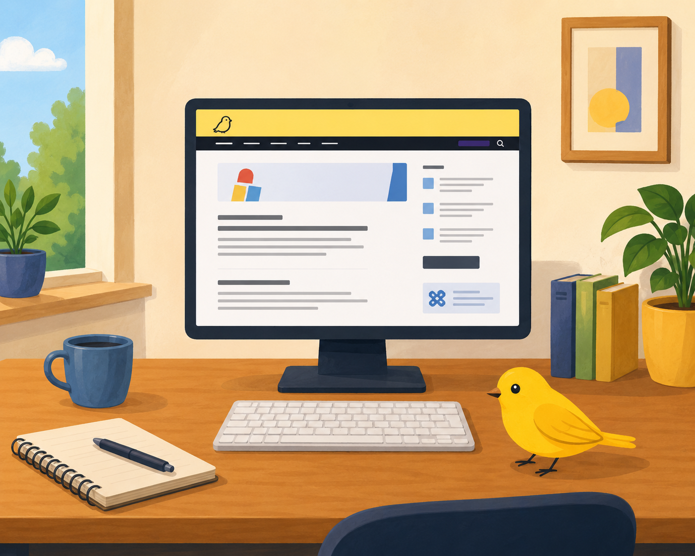 Illustration eines Computers auf einem Schreibtisch. Auf dem Bildschirm ist die Website der Gebärdensprachzeitschrift Taubenschlag zu sehen – erkennbar am gelben Banner mit dem Vogel-Logo. Neben der Tastatur sitzt ein kleiner gelber Vogel, das Symbol von Taubenschlag.