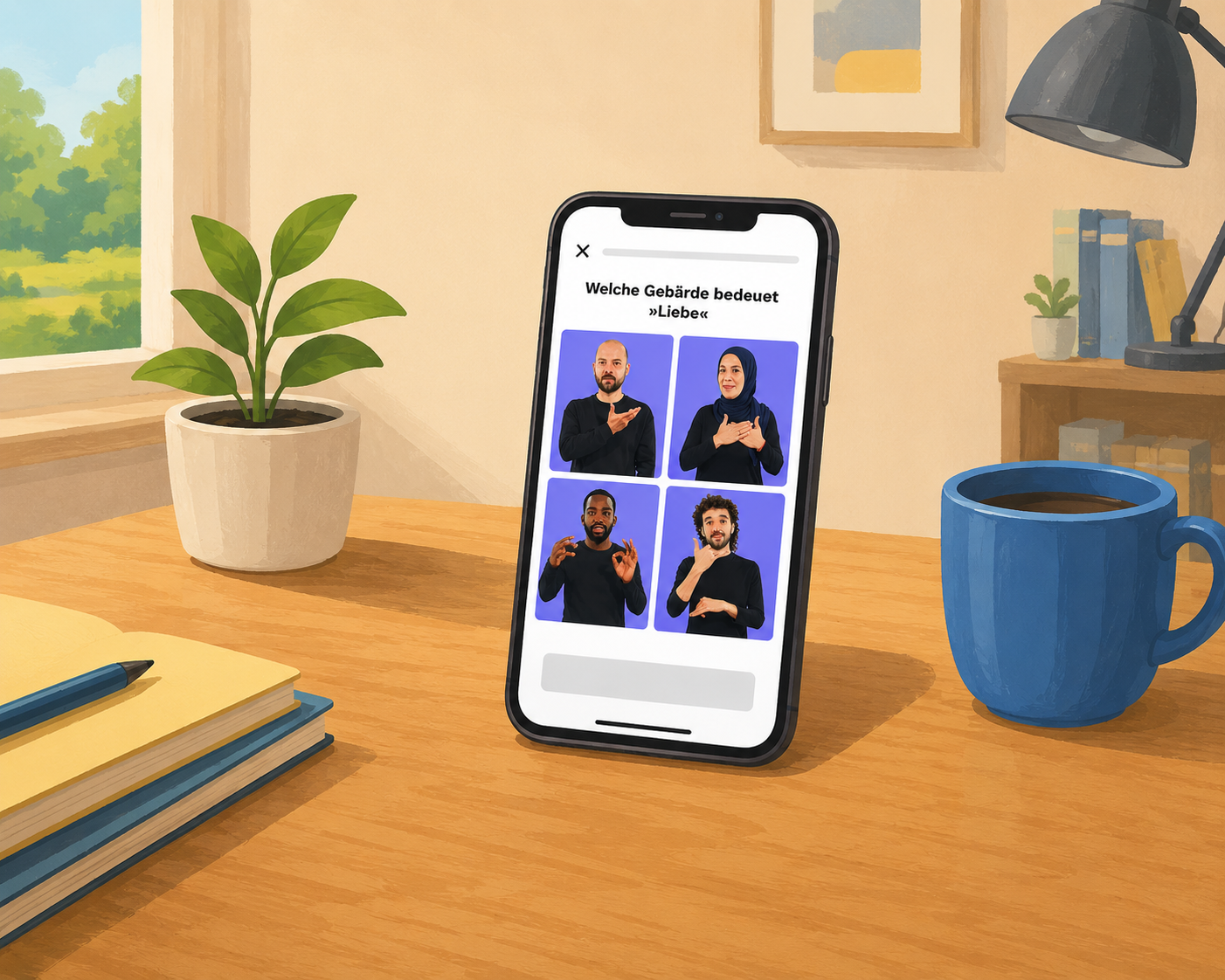 Illustration eines Smartphones auf einem Schreibtisch. Auf dem Display ist ein Gebärdensprachquiz der Duomano-App zu sehen: Vier Personen zeigen verschiedene Gebärden zur Frage „Welche Gebärde bedeutet Liebe?"
