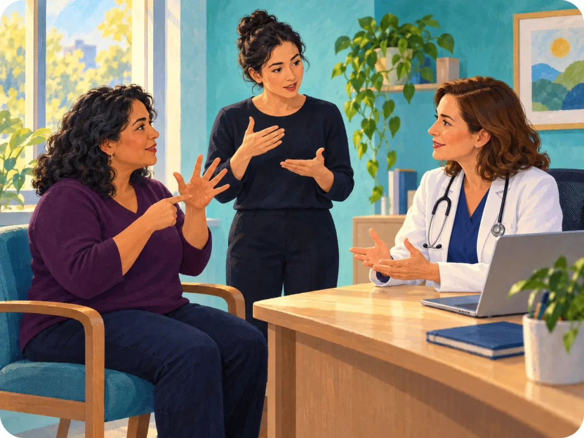 Illustration: In einer Arztpraxis gebärdet eine Patientin. Eine Gebärdensprachdolmetscherin steht zwischen ihr und der Ärztin und dolmetscht.