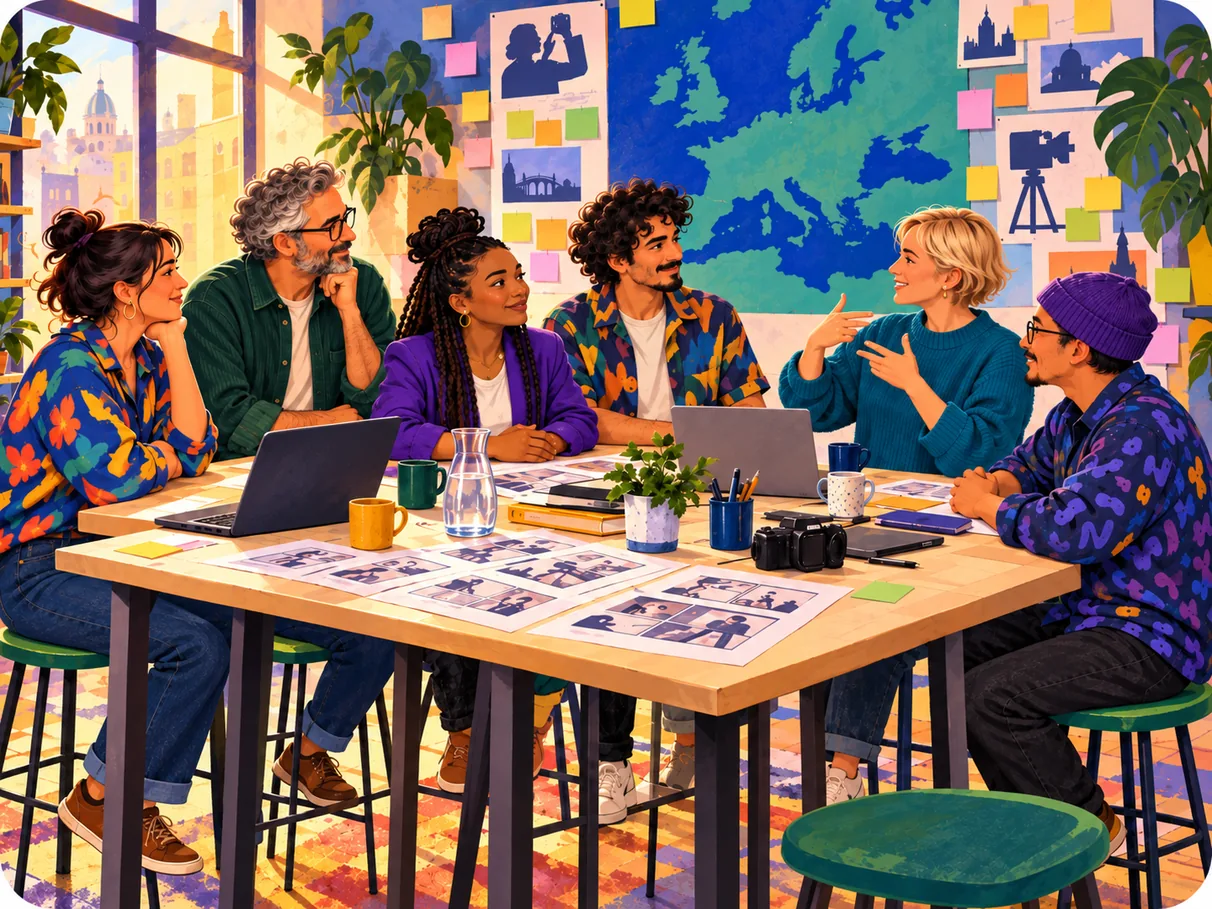 Sechs Personen sitzen an einem großen Tisch mit Laptops und Storyboards und unterhalten sich in Gebärdensprache. An der Wand hängen eine Europakarte und viele bunte Notizzettel.