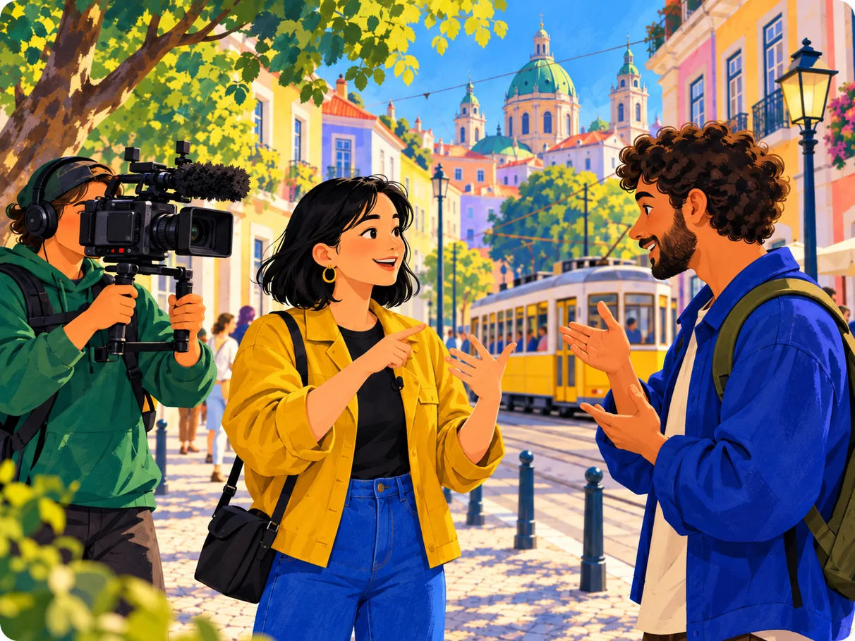 Eine taube Reporterin in gelber Jacke führt auf einer sonnigen Straße ein Interview in Gebärdensprache. Ein Kameramann filmt, im Hintergrund fährt eine Straßenbahn.