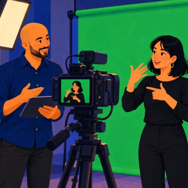 Eine junge taube Frau gebärdet vor einer Kamera im Studio mit Greenscreen. Ein Trainer mit Tablet steht daneben.