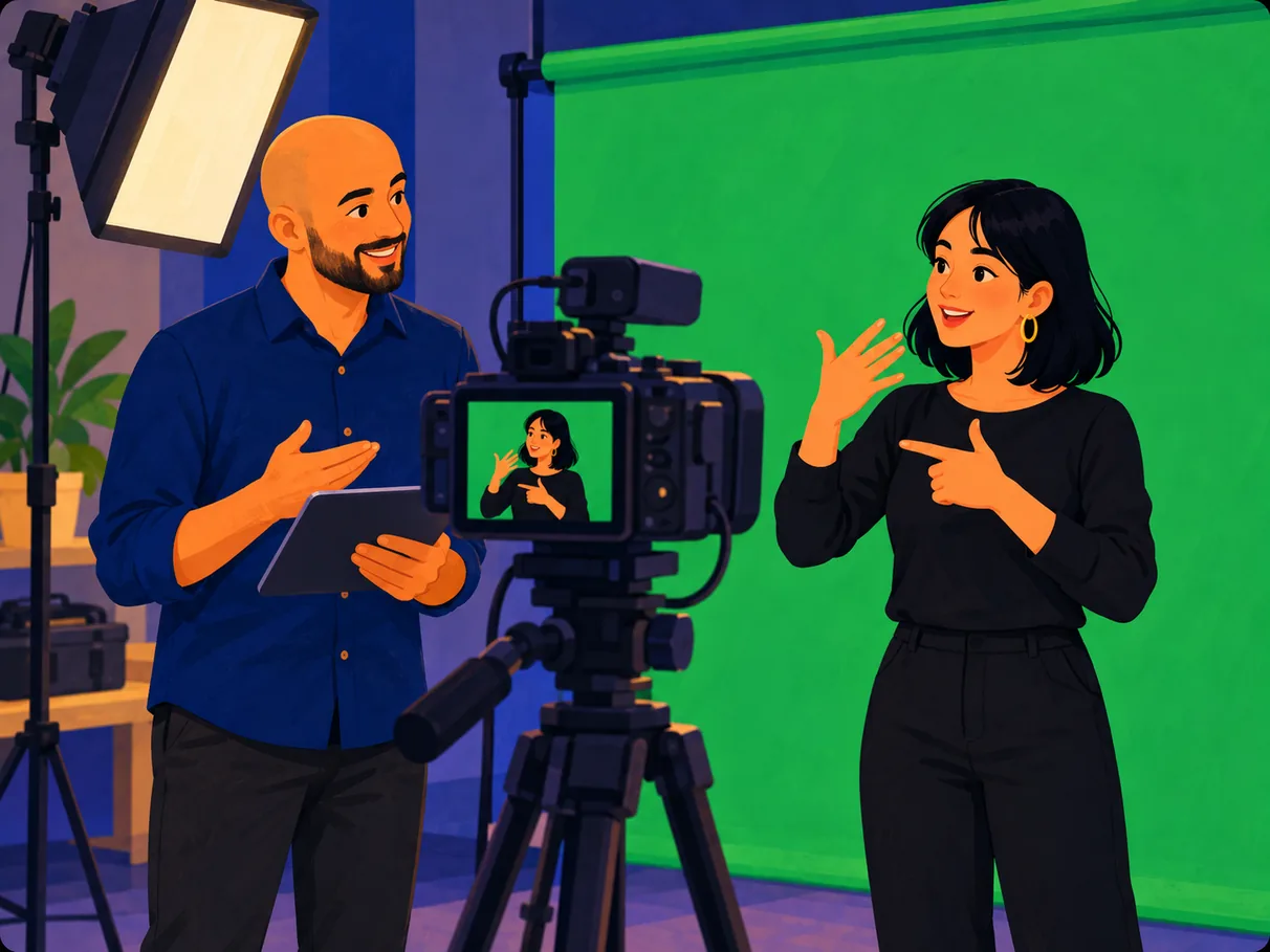 Eine junge taube Frau gebärdet vor einer Kamera im Studio mit Greenscreen. Ein Trainer mit Tablet steht daneben.