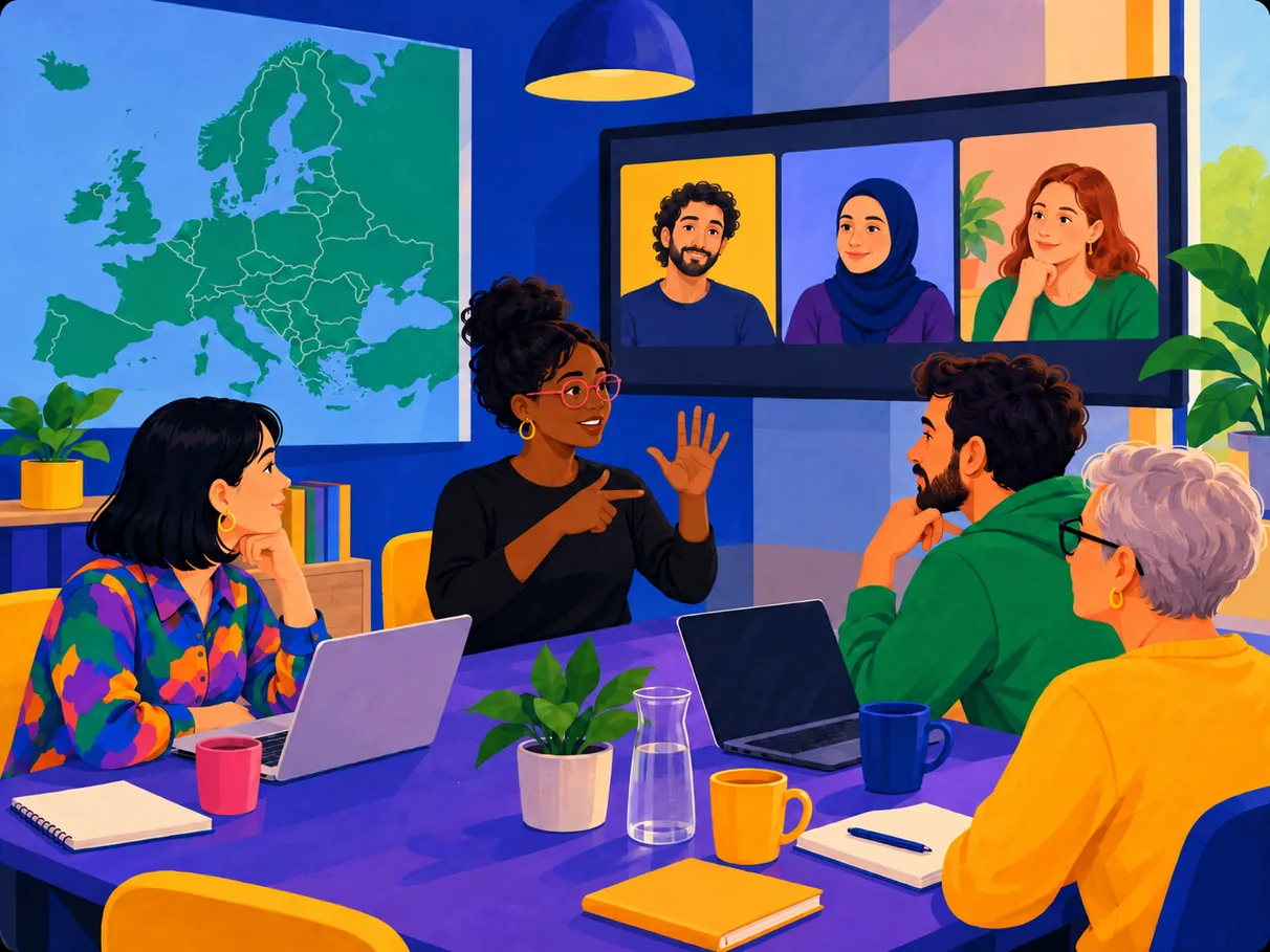 Ein internationales Team unterhält sich am Tisch in Gebärdensprache. Auf einem Bildschirm sind drei weitere Personen per Videocall zugeschaltet, an der Wand hängt eine Europakarte.
